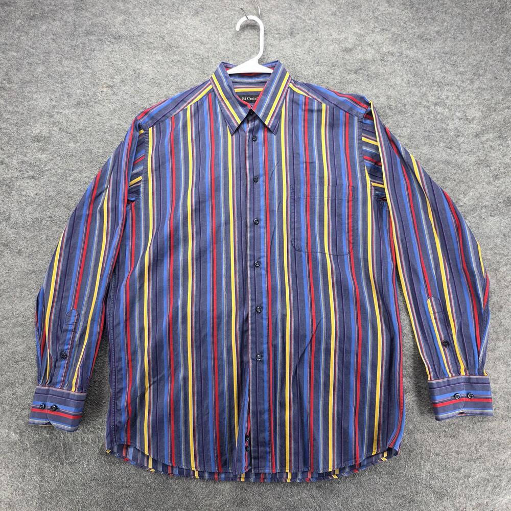St. Croix Shirt Mens XL Blue Multicolor Stripe 100% Cotton Button Front Italy